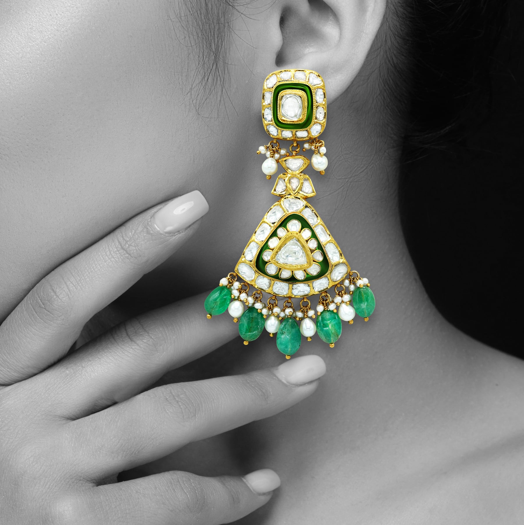 Polki Choker Set with Green Enamel and Emerald Drop Details